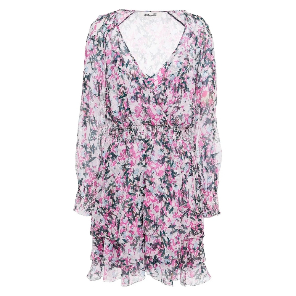 DIANE VON FURSTENBERG Kelby Floral Silk Mini Tiered Ruffle Pink Dress Size XS - Picture 15 of 17